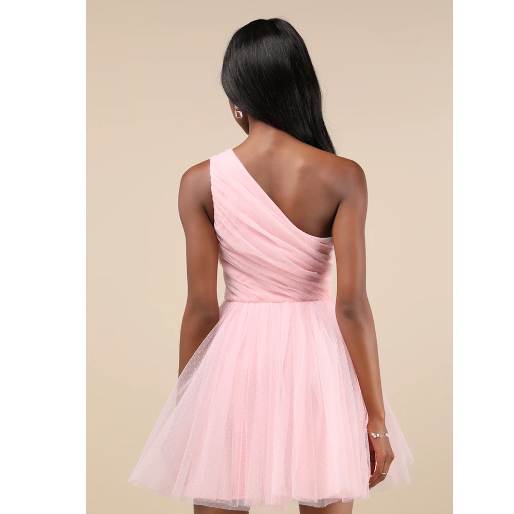 Lulus Exceptional Moments Light Pink Swiss Dot One-Shoulder Tulle Mini Dress S - Picture 2 of 12